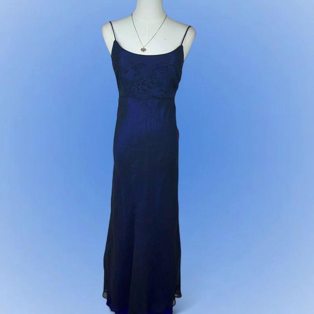 vintage y2k navy sheer maxi dress blue layered lining fairy formal prom dress